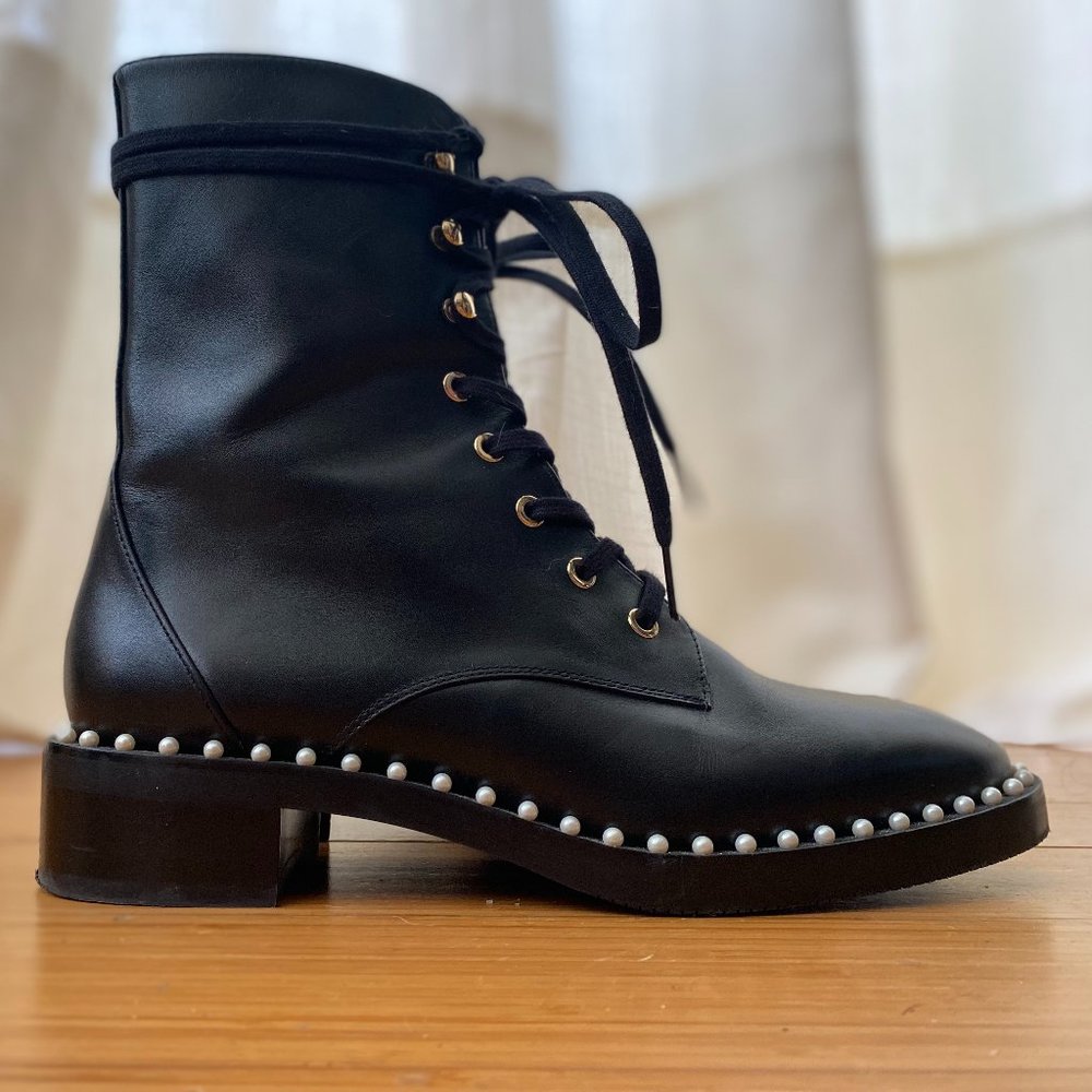 STUART WEITZMAN SONDRA BLACK LEATHER COMBAT BOOTS